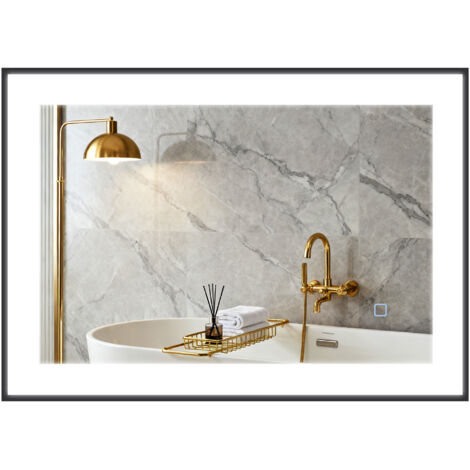 Miroir salle de bain LED 70x50 cm, intensité réglable, antibuée, mémoire, verre trempé IP44 noir (1/5)