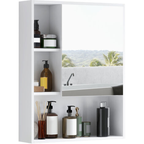 Armoire de toilette avec miroir et étagères réglables, peu encombrante, avec porte, fixation murale, 60 x 15 x 76 cm, blanche (1/5)