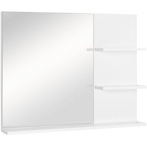 Miroir de Salle de Bain avec étagères - 2 étagères latérales + Grande étagère inférieure - kit Installation fourni - MDF Blanc (1/5)