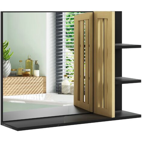 Miroir mural de salle de bain avec étagères de rangement - 3 étagères latérales + 1 étagère inférieure - bois de bambou (1/5)