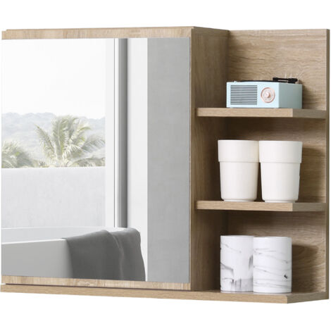 Armoire de toilette murale avec miroir, porte miroir et 3 étagères latérales en bois, 60 x 18 x 50 cm, couleur bois (1/5)