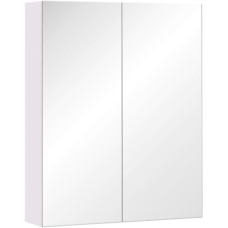 Meuble de salle de bain à deux portes avec miroir et deux étagères intérieures, en MDF avec système de fermeture amortie, 60 x 15 x 75 cm, blanc.