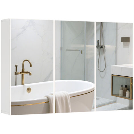Armoire de salle de bain avec miroir, à 3 portes miroir, fixée au mur, 90 x 15,5 x 60 cm, panneaux de particules, blanc (1/5)