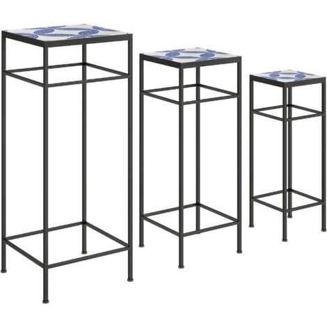 Lot de 3 Supports Plantes en Métal, 71 cm, 3 Tailles Différentes, Intérieur/Extérieur, Salon/Balcon, Bleu & Blanc (1/5)