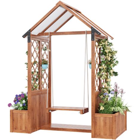 Bac à Plantes avec Treillis et Auvent, Balançoire de Jardin, Bois Massif, Toiture Polycarbonate, Extérieur