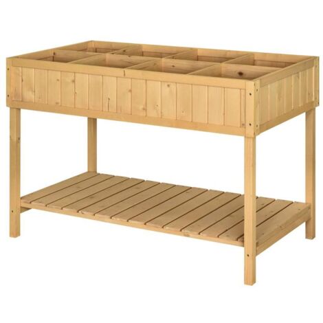 Table de Rempotage avec Bac 8 Cases, Bois de Sapin Massif, Drainage et Rangement, 110x46x76 cm, Nature