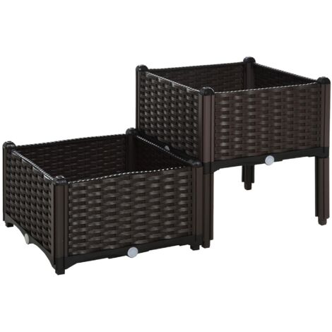 Jardinière surélevée double, aspect rotin, 80 x 40 x 44 cm avec trous de drainage, en polypropylène marron, pour jardin ou balcon. (1/5)
