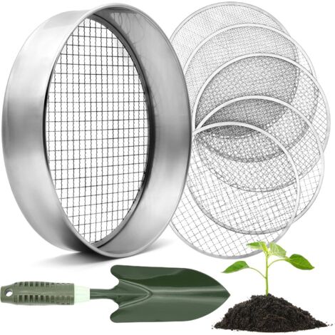 Tamis de jardin rond 30 cm avec 5 tamis interchangeables - tamis à compost en acier inoxydable pour la terre, le compost, les graines - pelle de jardin incluse (1/5)