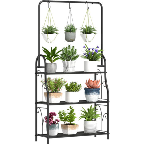Étagère à plantes 3 niveaux avec crochets, support pots en métal, intérieur extérieur, noir (1/5)