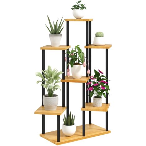 Support à plantes à 7 niveaux pour intérieur et extérieur, étagère plante en acier et bois, bois naturel (1/5)