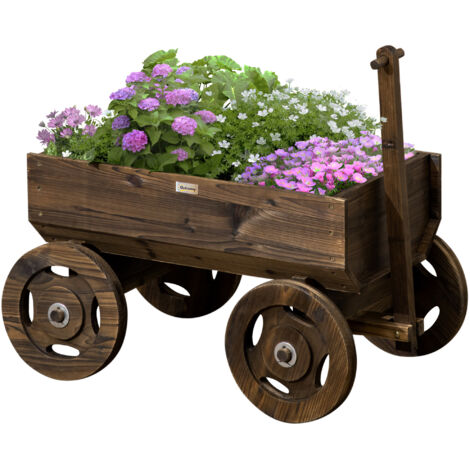 Bac à plantes sur roues, design chariot en bois, peinture résistante, extérieur, marron (1/5)