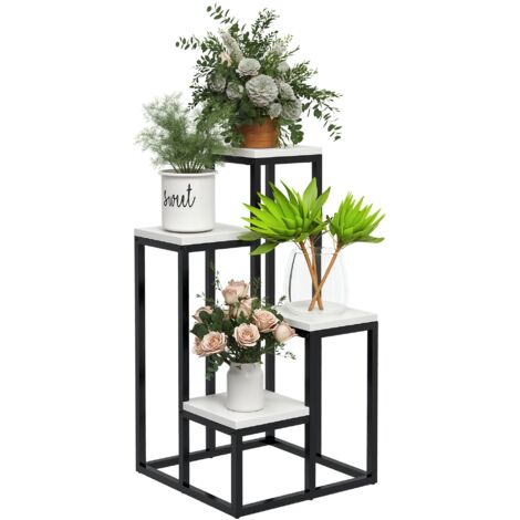 Étagère à fleurs, 4 niveaux, intérieur et extérieur, structure en métal, 34 cm (L) x 34 cm (l) x 70 cm (H), noir et blanc (1/5)