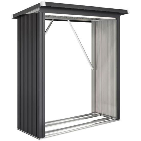 Abri en bois, structure à ossature métallique, plancher surélevé, toit en pente, dimensions : 150 x 66,5 x 150 cm, gris foncé.