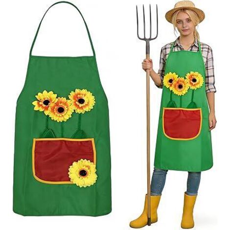 Tablier de jardin pour femme, vêtements avec tournesols et applications d'herbe, tablier de jardinier, costume de plantes, costume de jardinier, unisexe, tablier vert, tournesols (1/5)