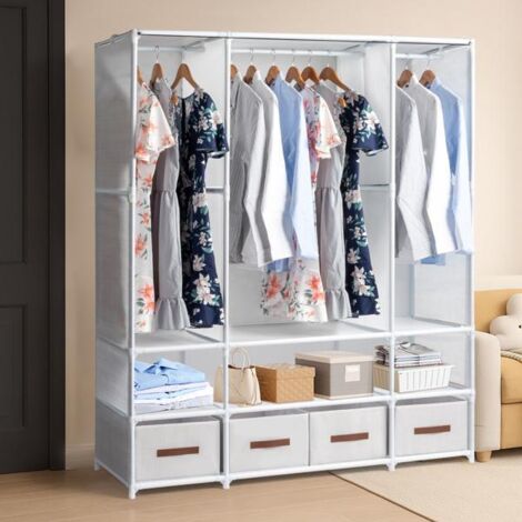 Armoire suspendue à 3 niveaux avec boîtes de rangement et rideaux – Placard en tissu non tissé (14445166,5 cm, blanc) (1/5)