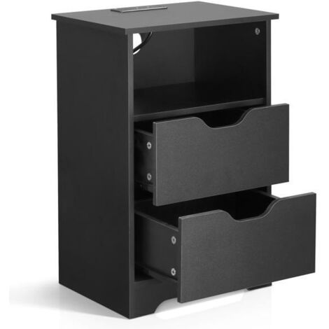 Panneau de particules P2 noir, revêtement mélaminé avec texture lin, sans poignée, 403060cm, deux tiroirs avec un compartiment supérieur, table de chevet avec prise électrique standard européenne (1/5)