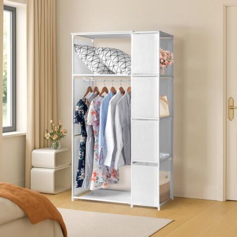 Armoire suspendue à 4 niveaux et double rangée avec rideaux et compartiments de rangement – ​​Placard en tissu non tissé (88,544,5162,5 cm, blanc) (1/5)
