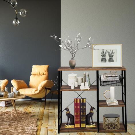 Étagère à micro-ondes style français N001 — Autoportante, 90 × 40 × 84 cm, 4 niveaux avec paniers coulissants Panneaux en mélamine brun vintage + Structure en fer noir (1/5)