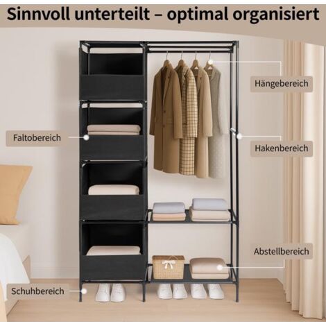 Armoire suspendue à 4 niveaux et double rangée avec rideaux et compartiments de rangement – ​​Placard en tissu non tissé (10545170cm, Noir) (1/5)