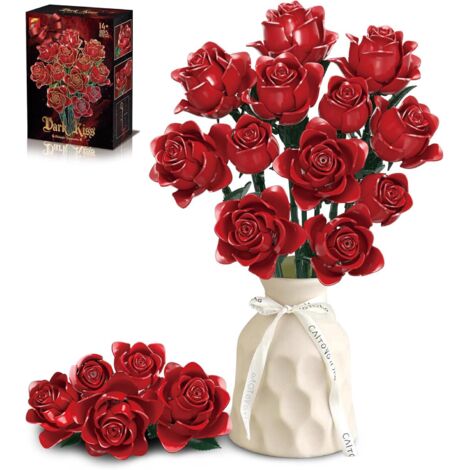 Ensemble de construction de roses rouges pour femmes, série de roses de Noël pour filles, blocs de construction de fleurs artificielles, cadeau idéal pour maman, petite amie (1/5)