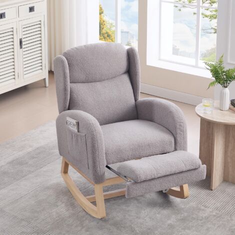 Fauteuil à bascule fauteuil d'allaitement, fauteuil de salon avec structure en bois, repose-pieds réglable, dossier haut, tissu effet peluche, avec poche, (1/5)