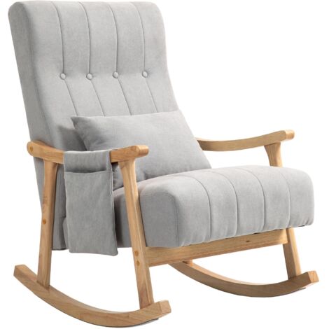 Fauteuil à bascule, fauteuil à bascule rembourré avec coussin lombaire, poche latérale, inclinable, structure en bois, aspect lin pour salon, chambre, gris (1/5)