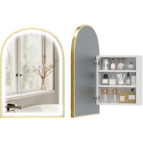 Armoire murale salle de bain avec miroir et éclairage LED, porte arquée, anti-buée, 50x14,5x70cm, doré (1/5)