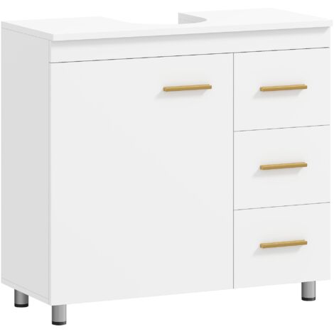 Meuble sous-évier blanc avec niche en U, placard et 3 tiroirs, fermeture amortie silencieuse, meuble de rangement pour salle de bain, dimensions 70×30×65 cm (1/5)