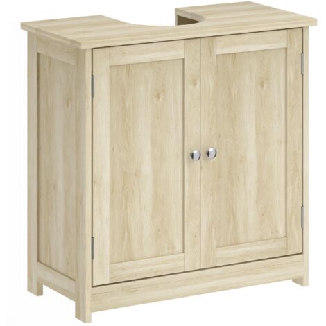 Meuble-lavabo à effet chêne 60×30×60 cm, 2 portes avec étagère réglable et découpe en U, meuble sous-vasque fonctionnel pour salle de bain