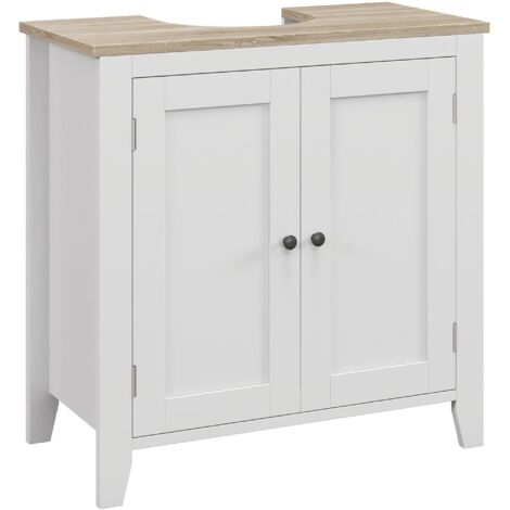 Meuble vasque de salle de bain en forme de U avec étagère intérieure réglable, MDF, 60 x 30 x 60 cm, blanc et bois (1/5)