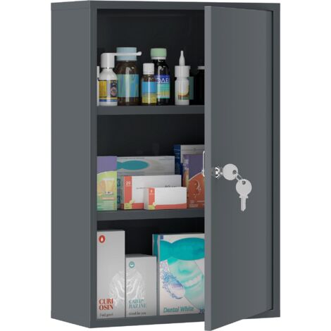 Armoire à pharmacie murale grise pour salle de bain, meuble de rangement avec 3 étagères réglables, fermeture à clé (2 clés fournies), dimensions 40×18×60 cm, design moderne et compact