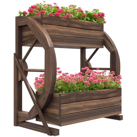 Jardinière d'extérieur en bois à double niveau avec 3 pots et une roue de style rustique dimensions : 55 x 32 x 56 cm. (1/5)