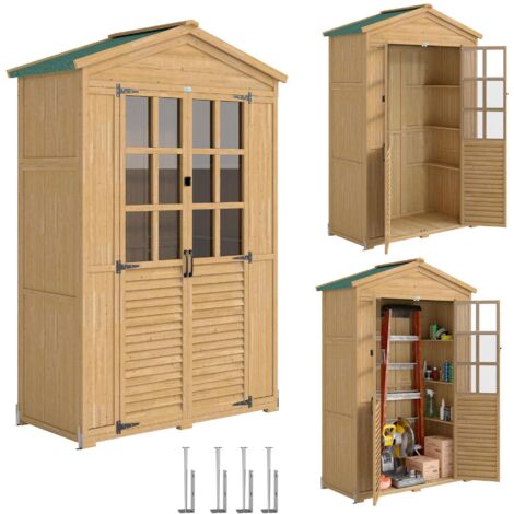 Armoire de jardin en bois avec fenêtre transparente, dimensions : 128 x 57,5 x 197 cm, marron clair.