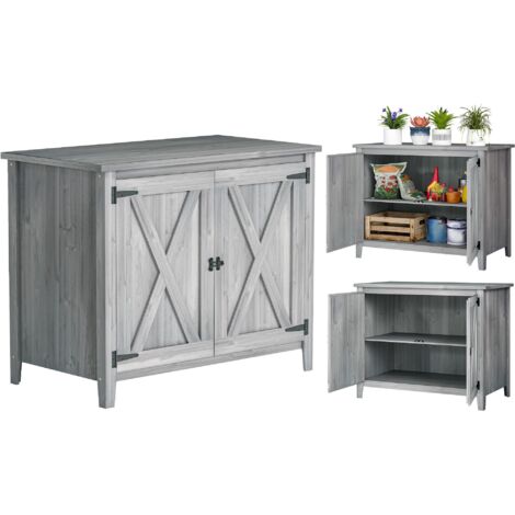 Armoire de jardin en bois avec étagères et double porte, dimensions : 110 x 60 x 88,5 cm, gris clair. (1/5)