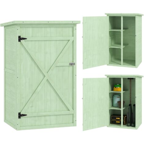 Abri de jardin en bois avec espace de rangement, porte verrouillable, sol en asphalte et toit en pente. Dimensions : 75 x 56 x 115 cm.