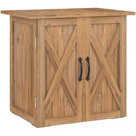 Cabane de jardin en bois de style campagnard avec double porte et poignées, dimensions : 77x55x72 cm, marron.