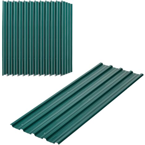 12 tôles trapézoïdales de 129 x 45 cm (7 m²) galvanisées, profilées, résistantes aux intempéries, de 0,25 mm d'épaisseur, vertes. (1/5)