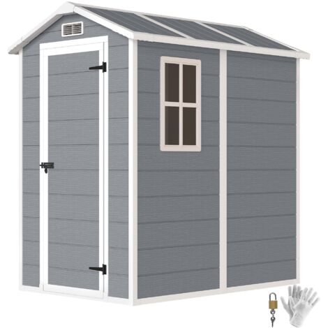 Abri de jardin en plastique avec plancher, fenêtre et portes verrouillables, pour le jardin, 131 cm (L) x 186 cm (P) x 198 cm (H), gris