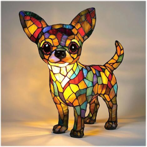 Veilleuse artistique Chihuahua en résine teintée – Lampe de table LED vintage – Éclairage doux pour décoration intérieure animalière