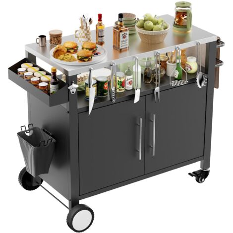 Chariot de barbecue d'extérieur à double porte, table de barbecue avec espace de rangement, chariot de barbecue avec comptoir de bar roulant, chariot de barbecue avec crochets et porte-épices, noir.