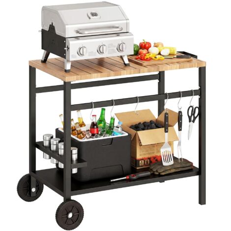 Chariot de barbecue avec table auxiliaire à double étage, roues, mobile, comprend un porte-gobelet et des crochets, poignées noires et marron. (1/5)