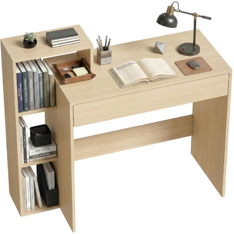 Bureau d'ordinateur moderne avec 3 étagères ouvertes et tiroirs, en bois, couleur bois naturel, 100x40x90 cm. (1/5)
