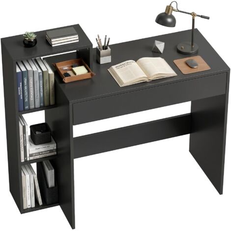 Bureau d'ordinateur moderne pratique, doté de 3 étagères ouvertes et de tiroirs de rangement, finition aspect bois noir, dimensions 100 x 40 x 90 cm (1/5)