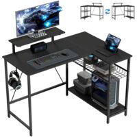 Bureau gaming réversible, bureau gaming d'angle, support pour écran, étagère en maille réglable, 114,5x82x91,5cm, noir