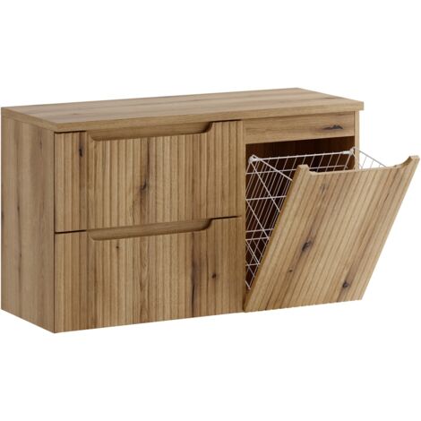 Furnidea - Meuble suspendu sous vasque 100 cm avec panier à linge et plan NOVA chêne Coast Evoke (1/5)