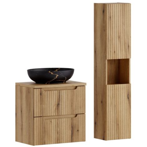 Furnidea - Ensemble meuble suspendu avec vasque Mona 60 cm et colonne 30 x 140 cm NOVA chêne Coast Evoke