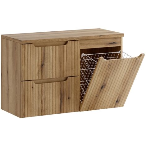 Furnidea - Meuble suspendu sous vasque 90 cm avec panier à linge et plan NOVA chêne Coast Evoke