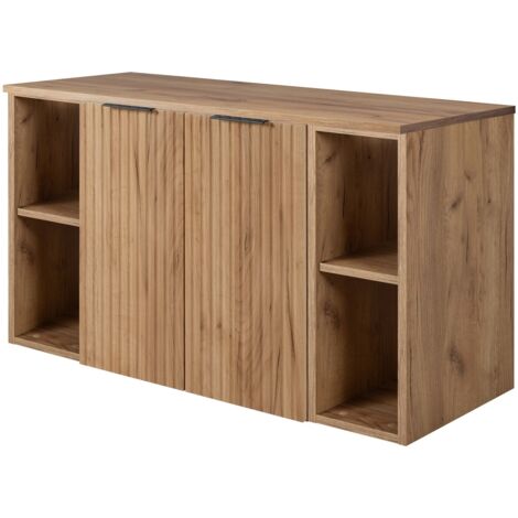 Furnidea - Meuble sous vasque suspendu FLOW CHÊNE 100 cm avec 2 x l'étagères - extensions et plan - 2 portes - façades rainurées (1/5)