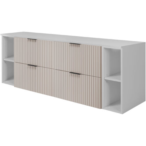 Furnidea - Meuble sous vasque FLOW CACHEMIRE 160 cm avec 2 x l'étagères - extensions et plan BLANC - 4 tiroirs - façades rainurées (1/5)