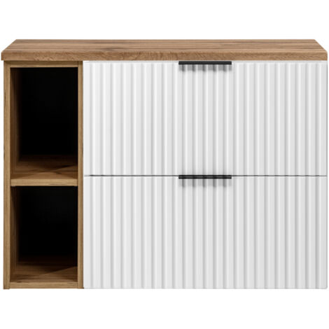Furnidea - Meuble sous vasque FLOW BLANC 100 cm avec l'étagère - extension et plan chêne - 2 tiroirs - façades rainurées (1/5)